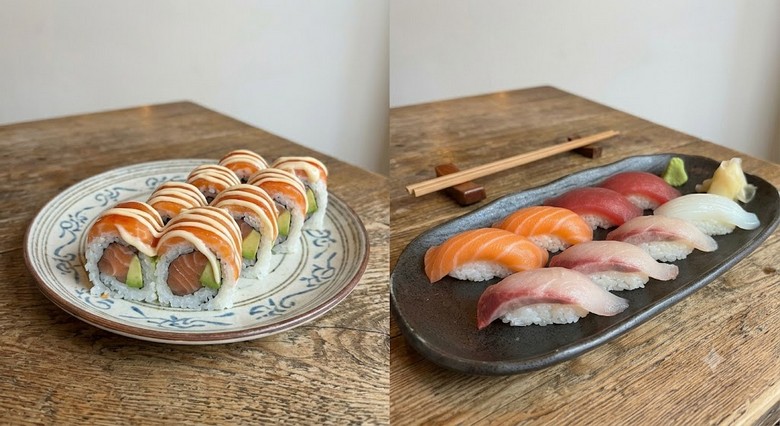 So sánh một đĩa sushi cuộn nhiều sốt kiểu Việt Nam và một đĩa nigiri cá tươi kiểu Nhật