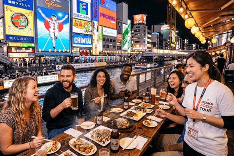 Nhóm bạn ăn đồ đường phố dưới biển quảng cáo Glico ở phố Dotonbori, Osaka