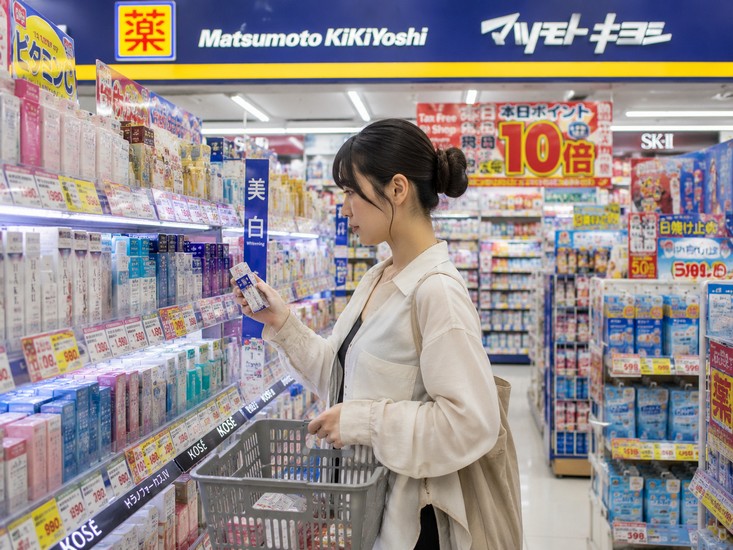 Du khách cầm giỏ chọn mỹ phẩm trong hiệu thuốc Matsumoto Kiyoshi