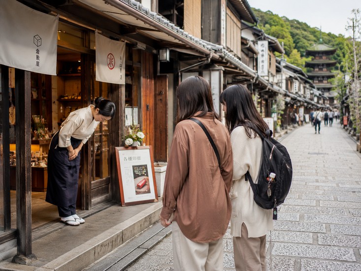 Một con phố Kyoto với nhân viên cửa hàng cúi chào khách