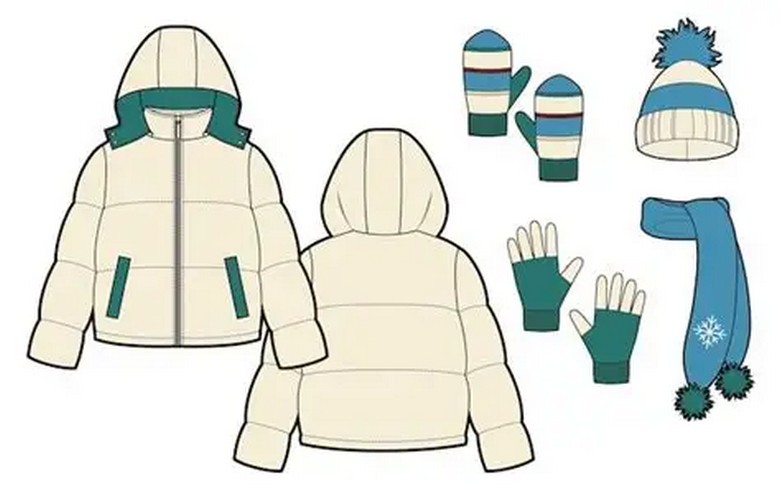 Bộ đồ giữ ấm gồm áo phao lông vũ, găng tay, mũ len và miếng dán giữ nhiệt