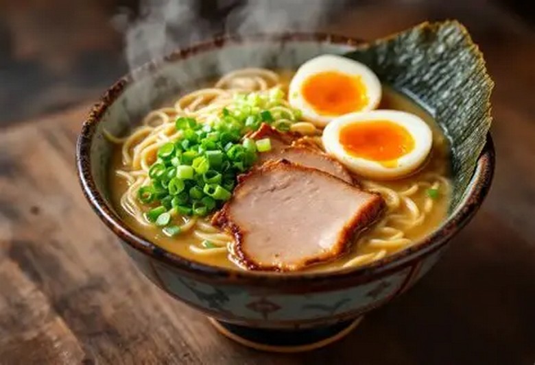 Bát tonkotsu ramen Hakata nước trắng đục với lát thịt chashu và trứng lòng đào