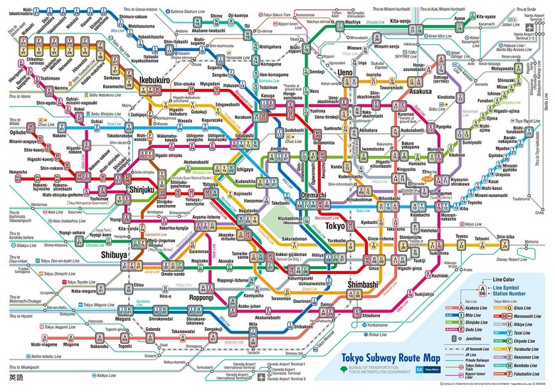 Bảng đồ tuyến tàu điện nhiều màu ở một ga lớn tại Tokyo