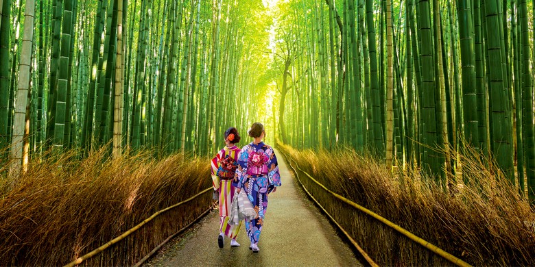 Cặp đôi nắm tay đi giữa con đường rừng tre Arashiyama ở Kyoto