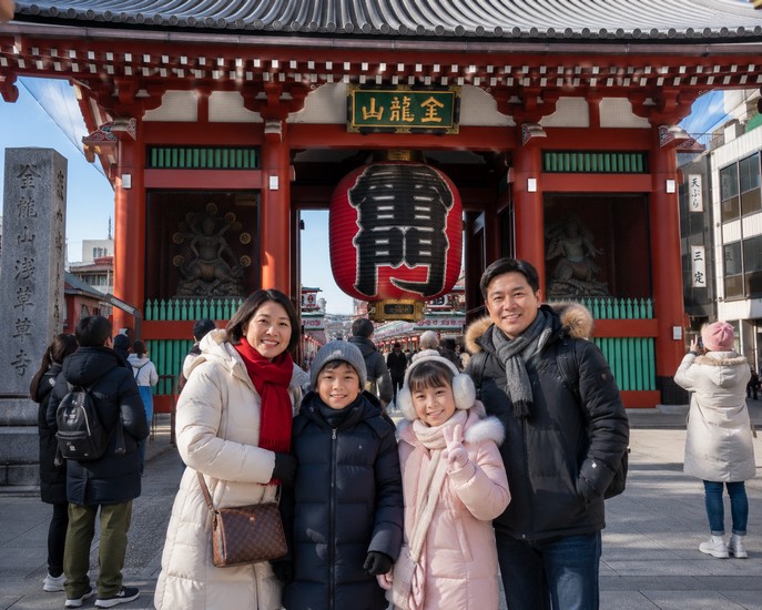 Gia đình người Việt chụp ảnh trước cổng đền Senso-ji, Asakusa, Tokyo