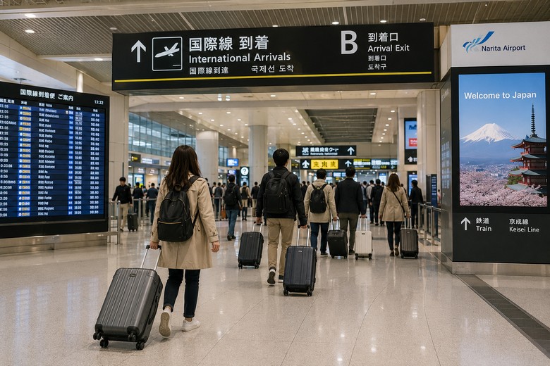Du khách kéo vali tại ga đến quốc tế sân bay Tokyo