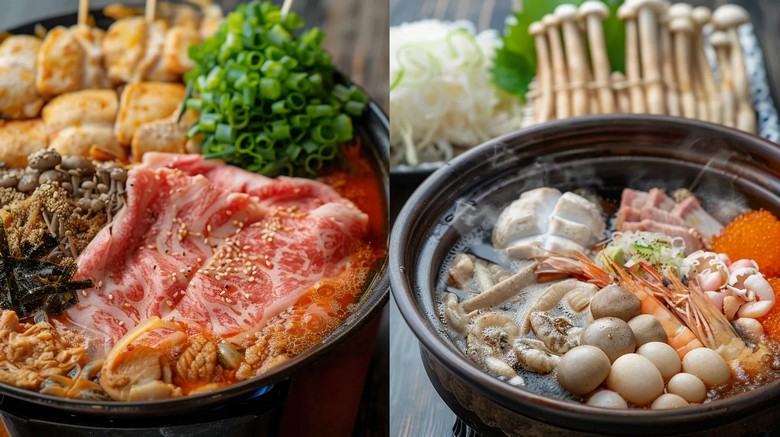 Hai nồi đặt cạnh nhau, sukiyaki nồi gang nước nâu sậm và shabu-shabu nồi nước dùng trong