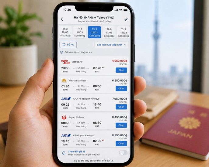 Màn hình so sánh giá vé máy bay đi Tokyo trên điện thoại